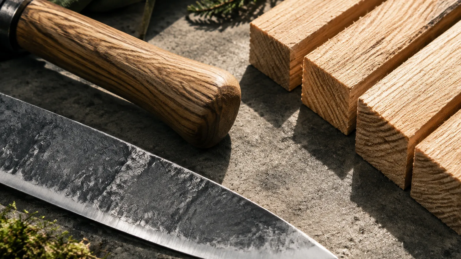 Materialstudie: gehobelte Lärchenbretter, Stahlklinge und geölter Holzgriff