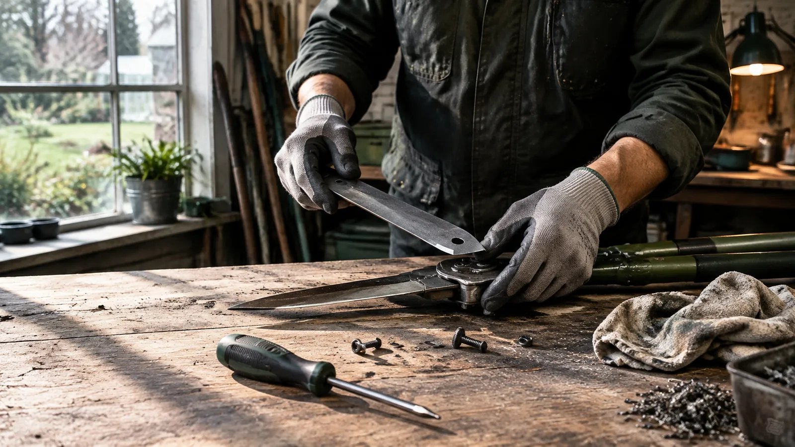 Werkbank mit Werkzeug und Holzteilen in einer Tischlerei