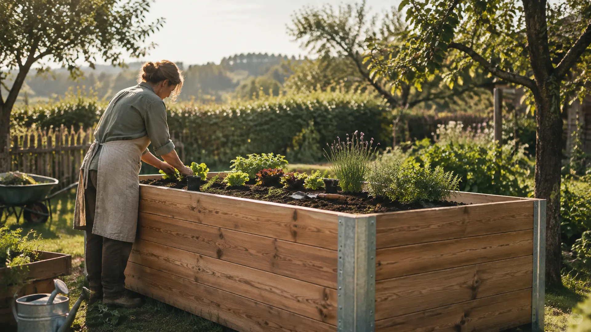 Foto: eine Frau pflanzt Salat in ein Hochbeet aus Lärchenholz