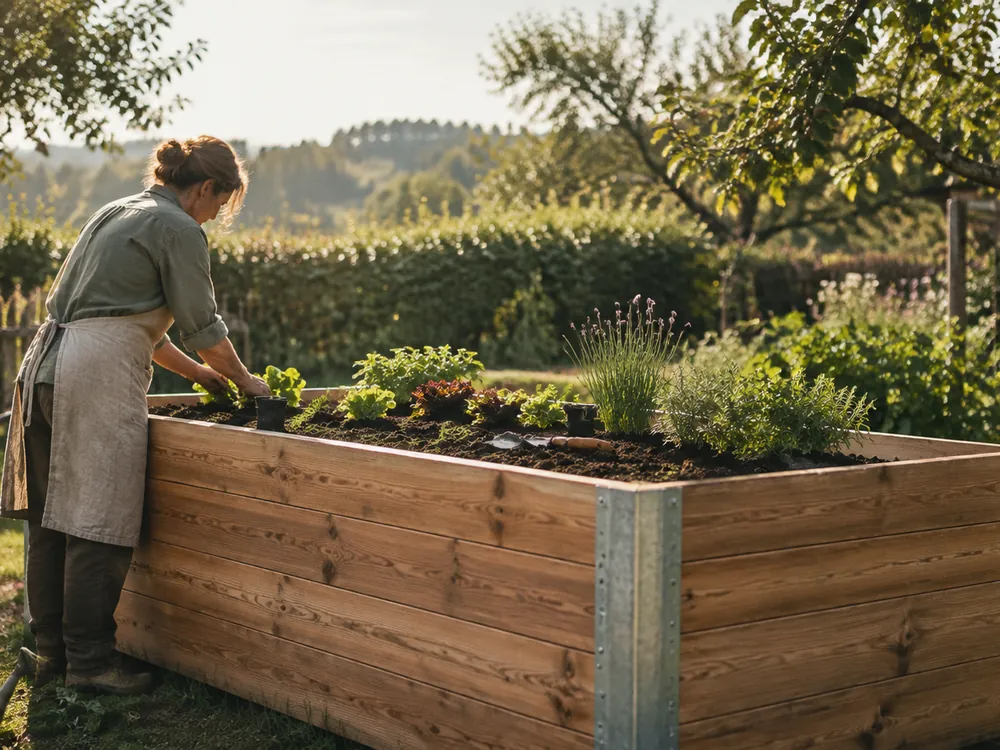 Foto: Hochbeet aus Lärchenholz mit Salatpflanzen
