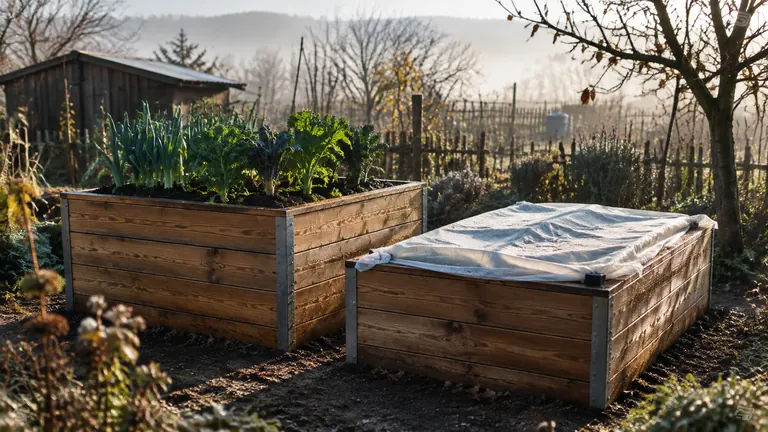 Foto: zwei Hochbeete im Herbst, eines mit Gemüse, eines mit Vlies abgedeckt